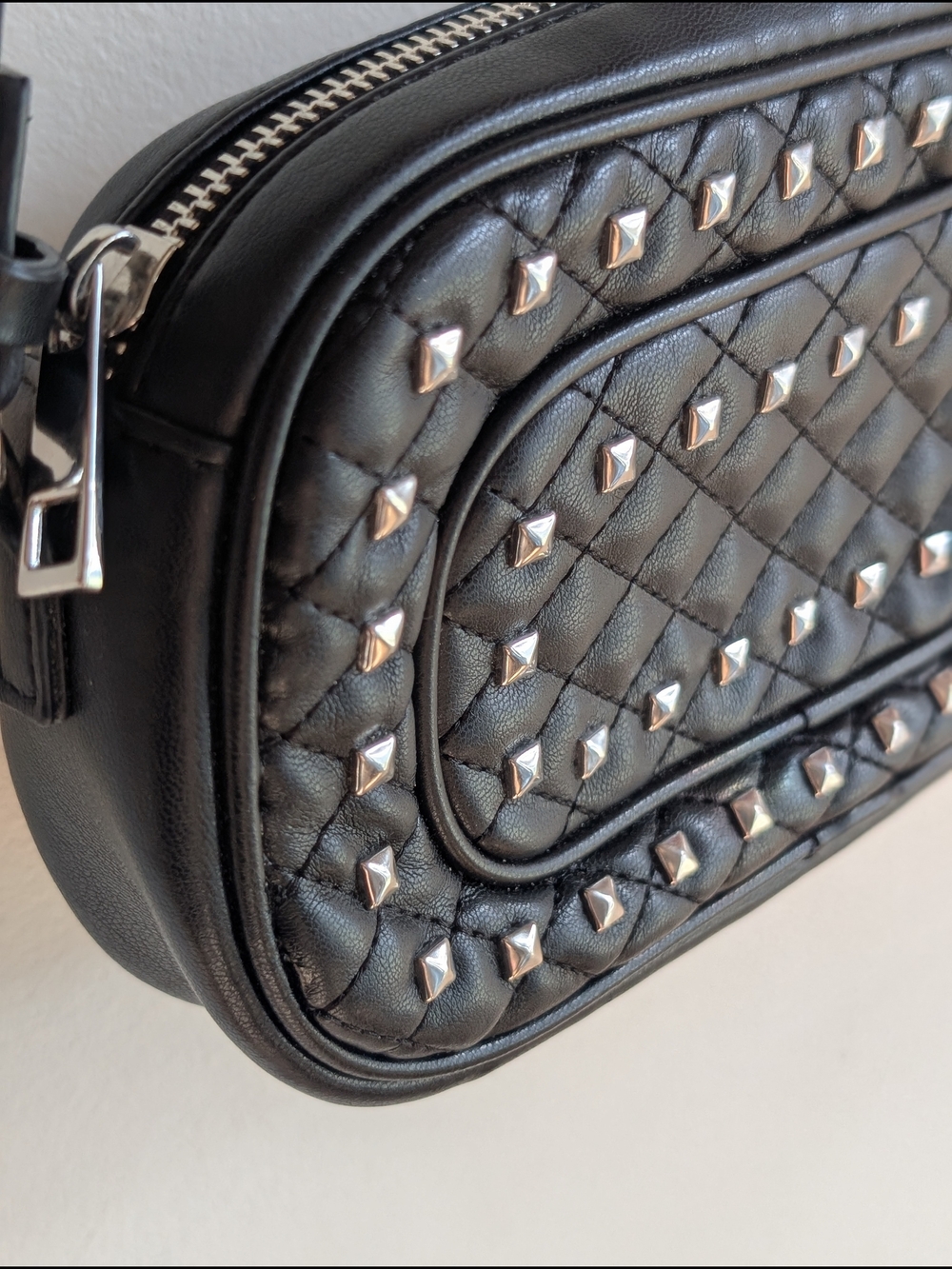 Zara Black Quilted Crossbody Bag with Silver Studs